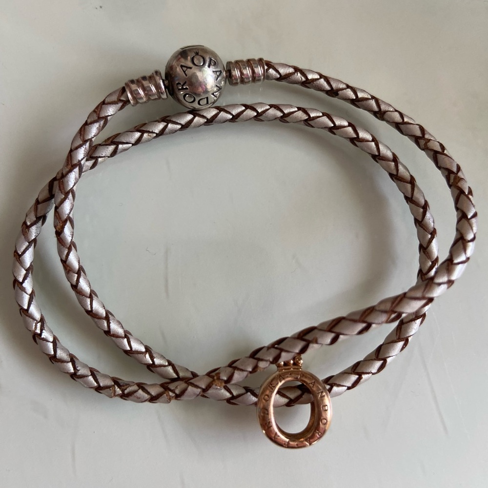 Pandora leather bracelet and charm in a champagne colour